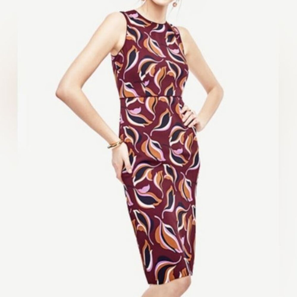 Ann Taylor Burgundy Midi Dress with Pink and Orange Abstract Print
